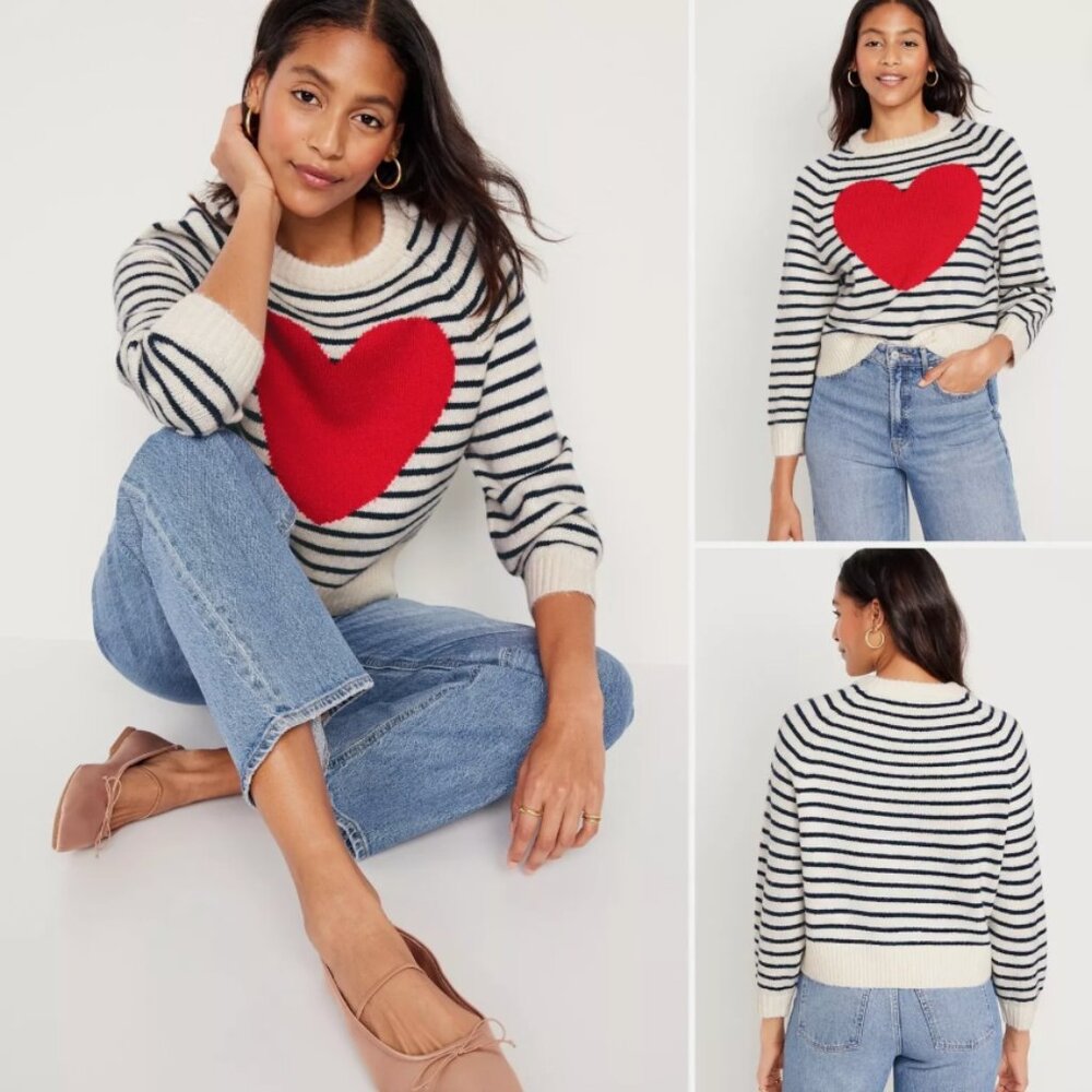 Old Navy Cropped Crew-Neck Sweater Navy Stripes Red Heart L/XL NWT